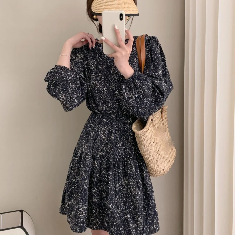 Slimming Floral Print Vintage Dr Women's High Waist A-Line Skirt Long Sve Bubble Sve Commute Sle Mid-Length Dr