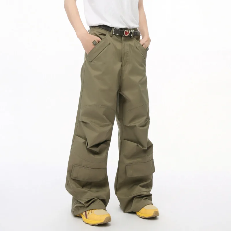 NOYMEI Casual Loose All-match Wide Leg Pants Men's High Waist Solid Color With Multiple Pockets Decorate Trousers WA5703