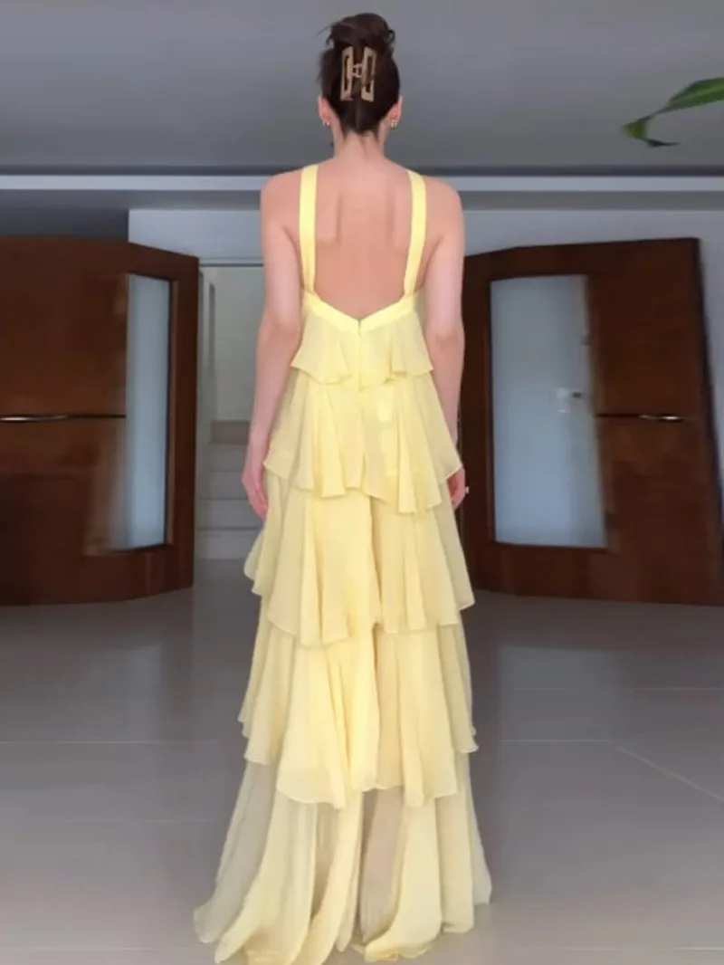 3d flor babados em camadas vestidos femininos elegante chiffon sem costas sem mangas fofo vestido longo verão nova senhora praia robes o9d0