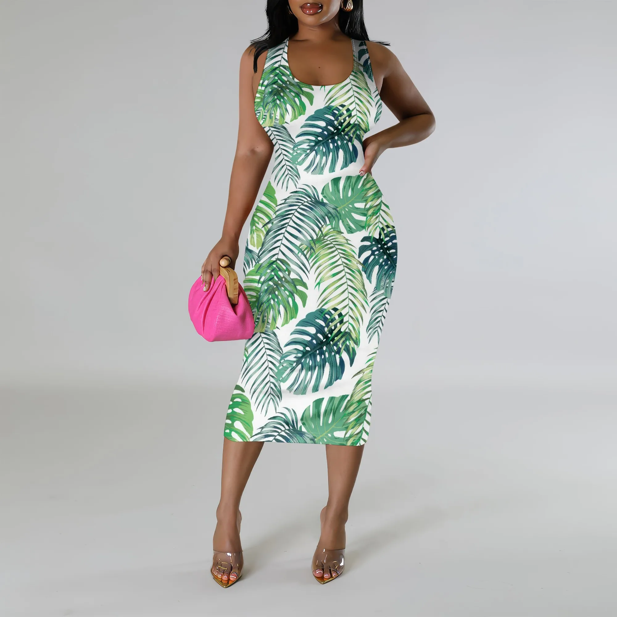 

Sleeveless Leaf Print Midi Dress for Women Tropical Tank Bodycon Vacation Summer Look
