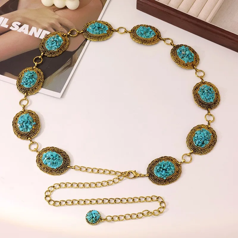 

Elegant Vintage Abalone Shell Sweater Shirt Waist Belt Women's Metal Waist Chain Dress Decoration Ethnic Style Accessory