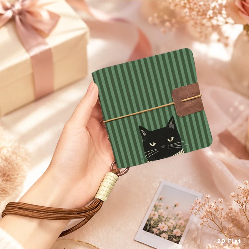 Cute Black Cat Stripe Mini Photo Album Portable Pocket Photo Book with Wrist Strap Small Picture Storage Book for Travel Couple