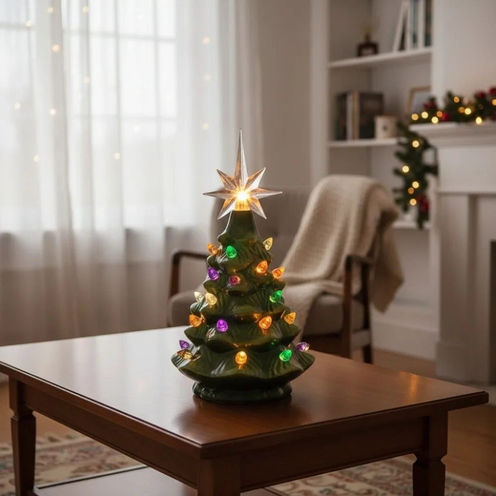 Vintage Mini Christmas Tree Light Star Topper With Lights Christmas Tree LED Ornament Colorful Light Christmas Table Centerpiece