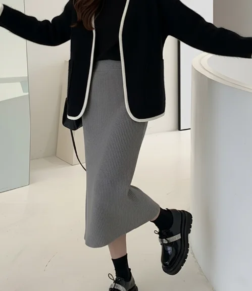 

Вязаная юбка с разрезом по бокам, повседневная однотонная юбка-миди, сексуальные юбки-миди с высокой талией и разрезом, офисные женские облегающие юбки трапециевидной формы