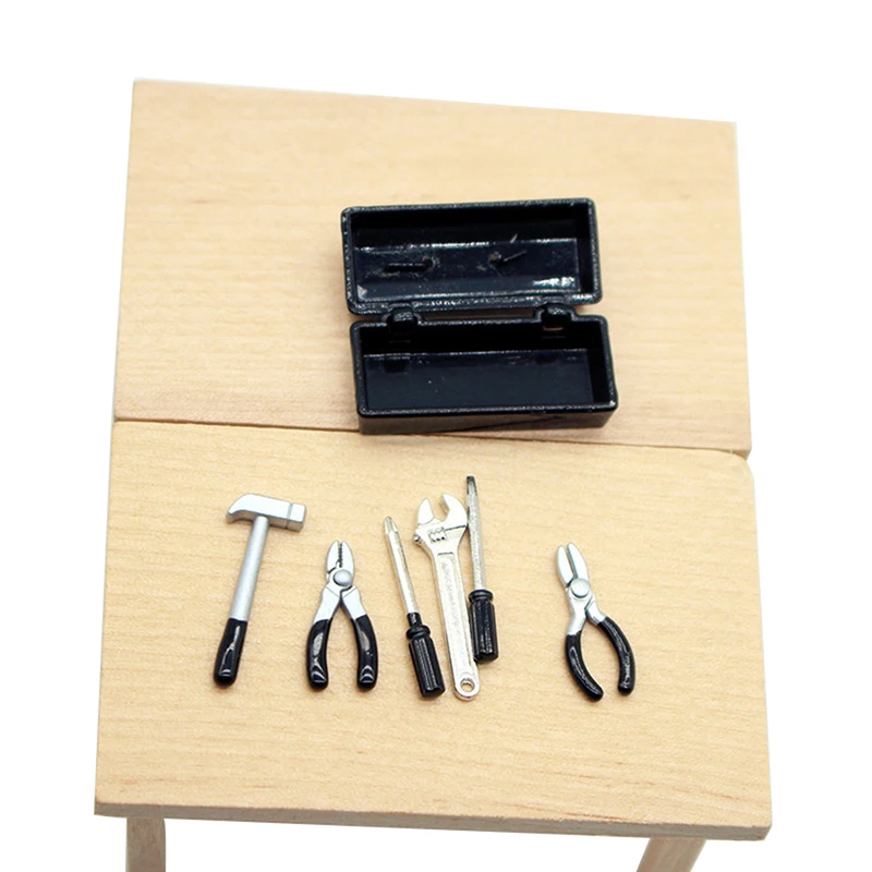 .1Set Dollhouse Miniature Toolbox 【 Tool Box+6 Tools 】Handmade Tools Sets Model Furniture Accessories Doll House Decor Toys Gift