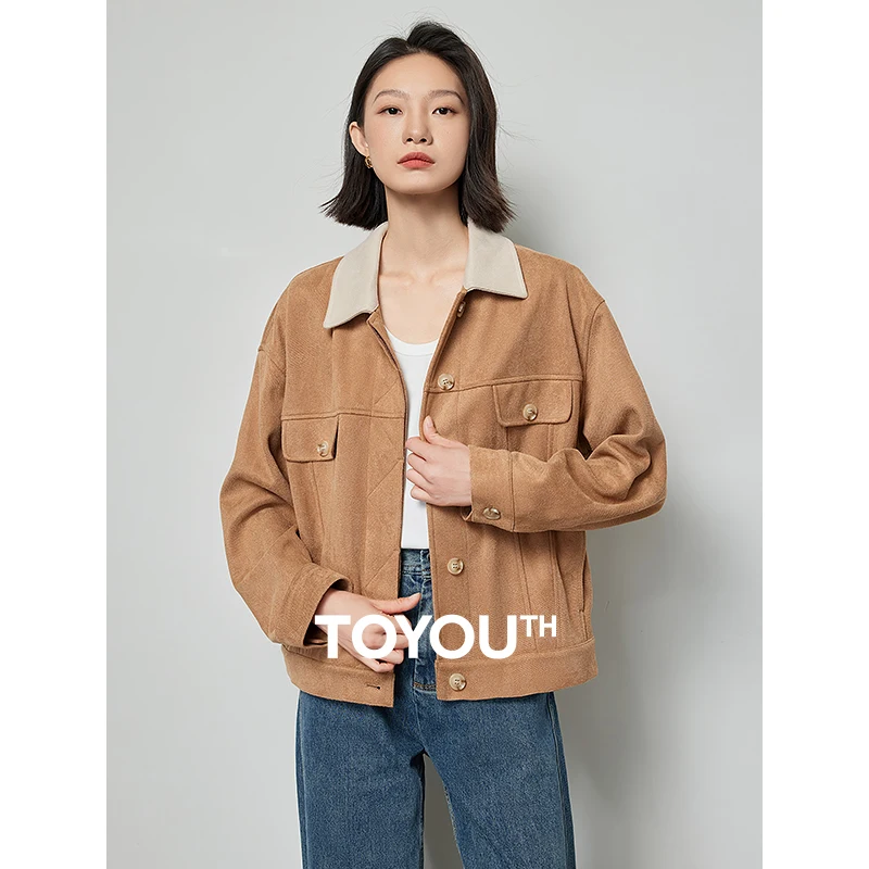 

TOYOUTH Women Suede Jacket 2024 Spring New Pocket Polo Collar Maillard Style Outwear Coat