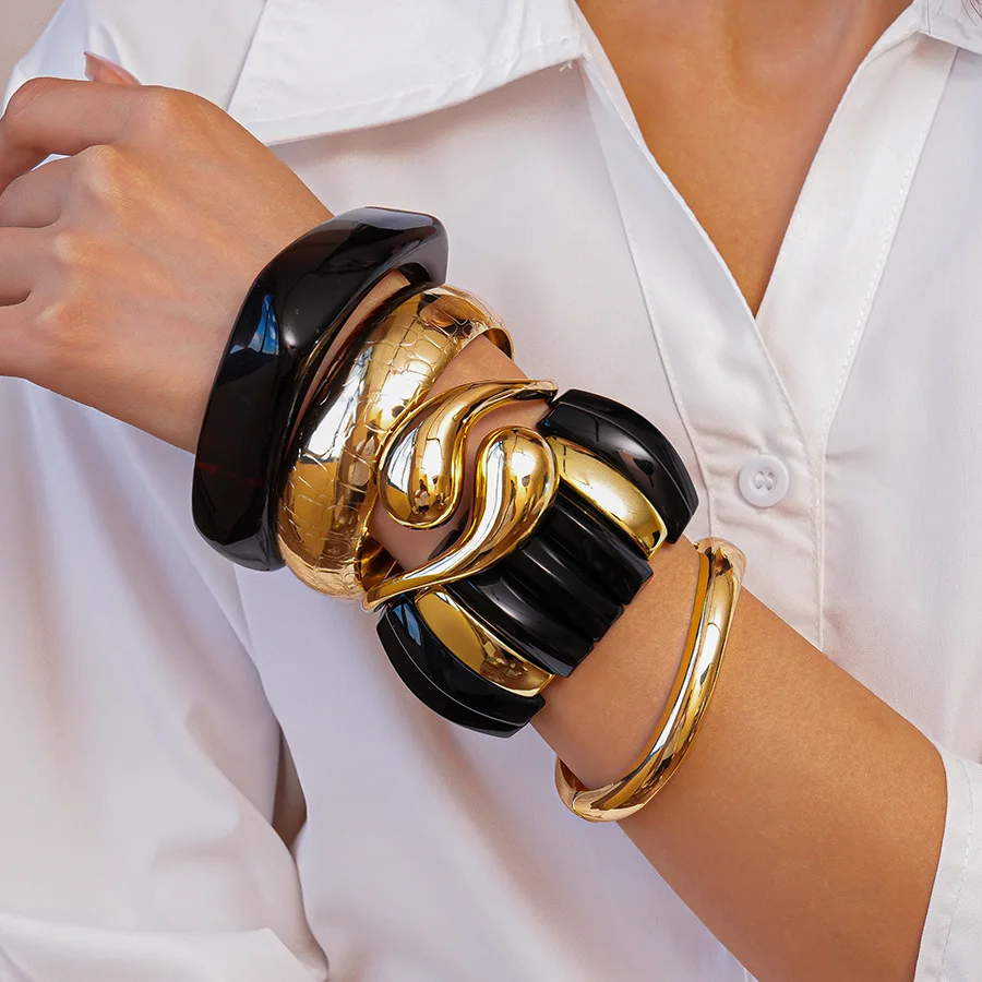 Хип-хоп-панк, черный, коричневый, толстый, акриловый, размазывающийся браслет из смолы, золотой цвет, металлический, с геометрическим рисунком, нерегулярный, широкий браслет для женщин
