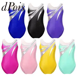 Gymnastic Bodysuit for Girls Kids Shiny Metallic Ballet Gymnastics Leotard Rhinestone Ice Skating Jumpsuit Performance Dancewear