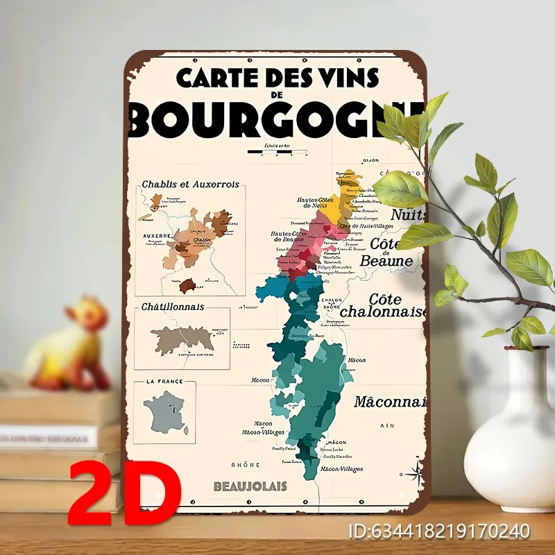 1 Stück Vintage-Poster mit französischer Weinkarte – Burgunder-Weinregion-Diagramm mit Chablis, Beaujolais, Côte d'Or – farbcodierter Champagner und L