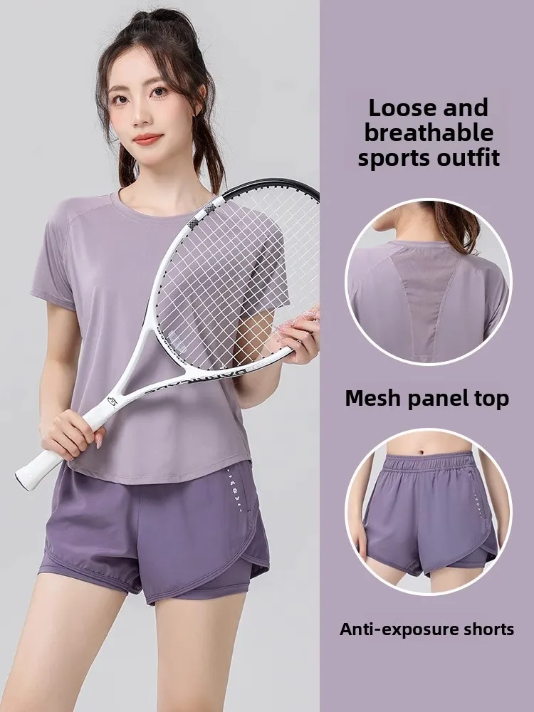 

Женский летний тренировочный костюм Qui Dry Running Fitn Loose ort Sve Одежда для йоги Профессиональная спортивная одежда для утреннего бега