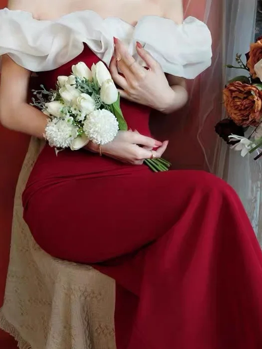 

Red Wedding Dress One Shoulder Long Qipao Evening Gown for Bride High End Engagement Party Dress Ladies Summer Fashion