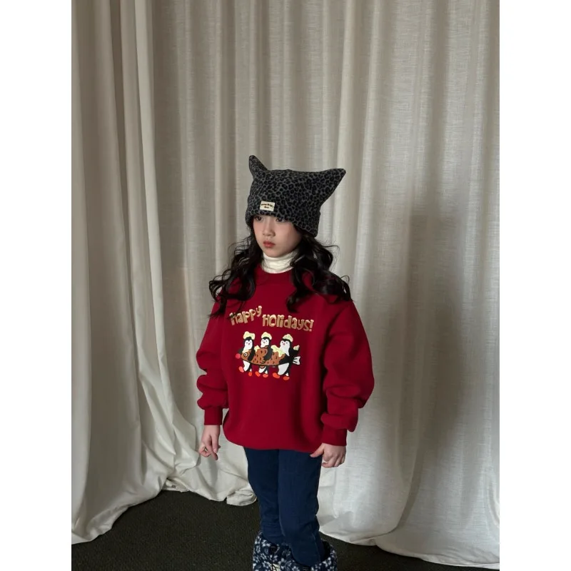 Winter Children Girl Sweatshirt UNITIM 2-8Yrs Kids Girl Penguin Print Fleece Pullovers Loose Crew Neck Toddler Girls Basic Shirt