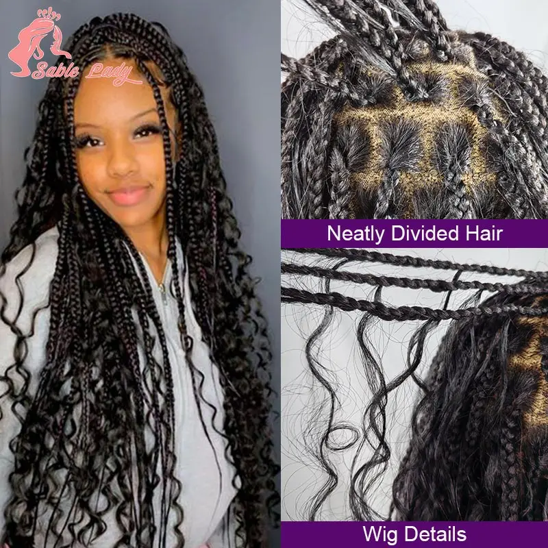 Synthetic Boho Box Braided Wigs Curly Hair Full Lace Front Wigs for Women Goddess Locs Braid Wig Burgundy Bohemian Box Braid Wig