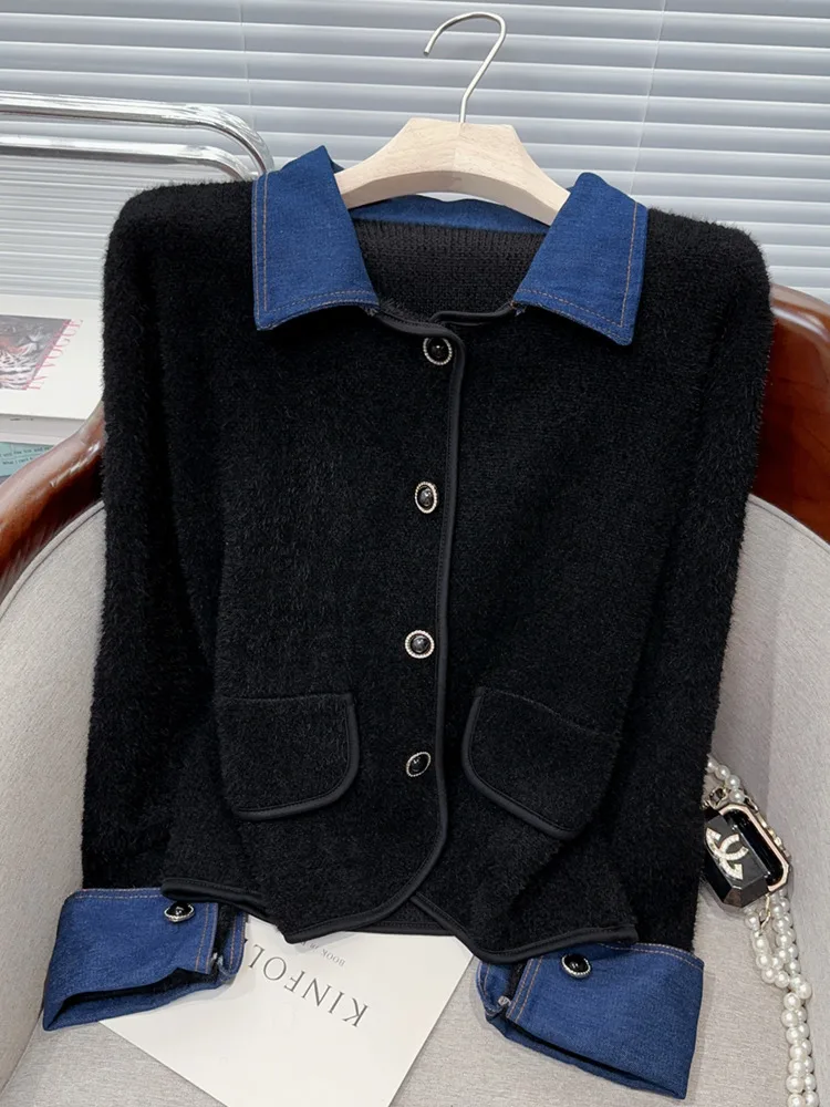 

French Women Patchwork Denim Coat Vintage Single Breasted Long Sleeved Jacket Tops Autumn Winter 2025 Chic Knitted Unif Cardigan