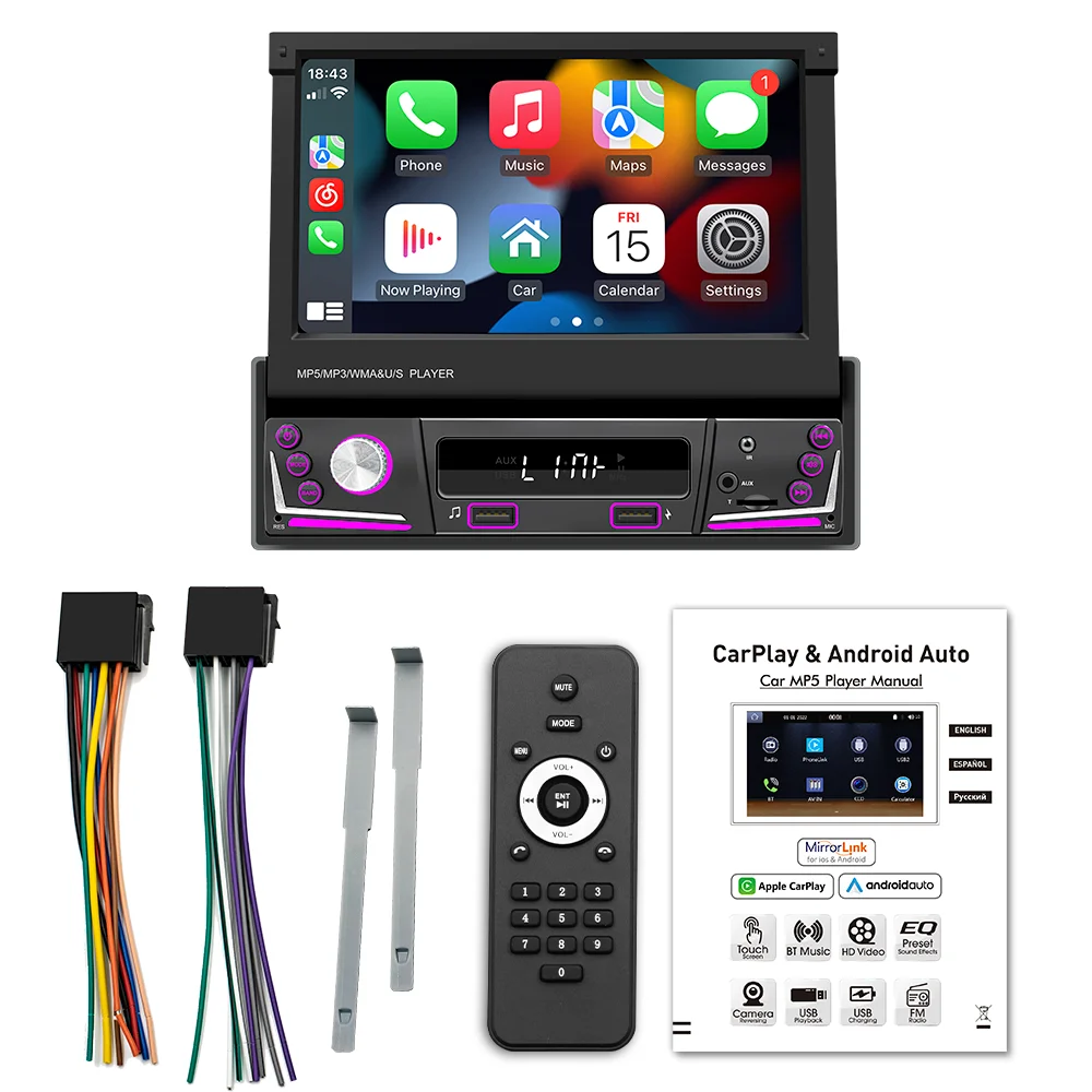 7 Inch HD Wireless Android Auto CarPlay 1Din Video Multimedia MP5 Player Retractable Screen Mirror Link Car BT/FM/USB/AUX 9606W