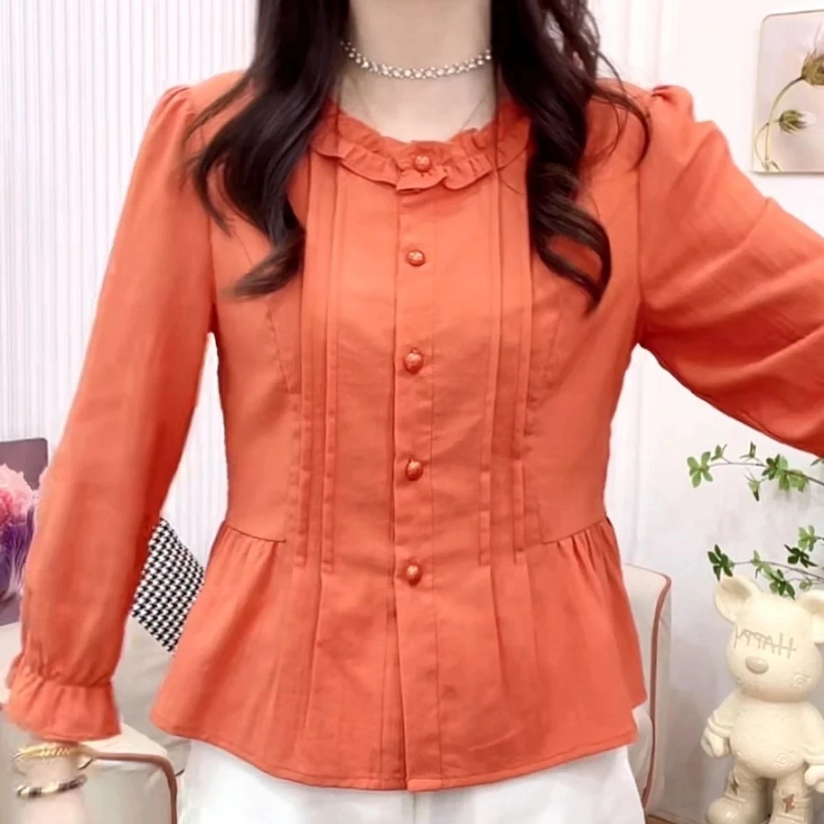 Fashionable Ruffle Collar Long Sleeve Shirt round Neck Slimming Top Belly Covering Outerwear Casual Style Polyester Fiber