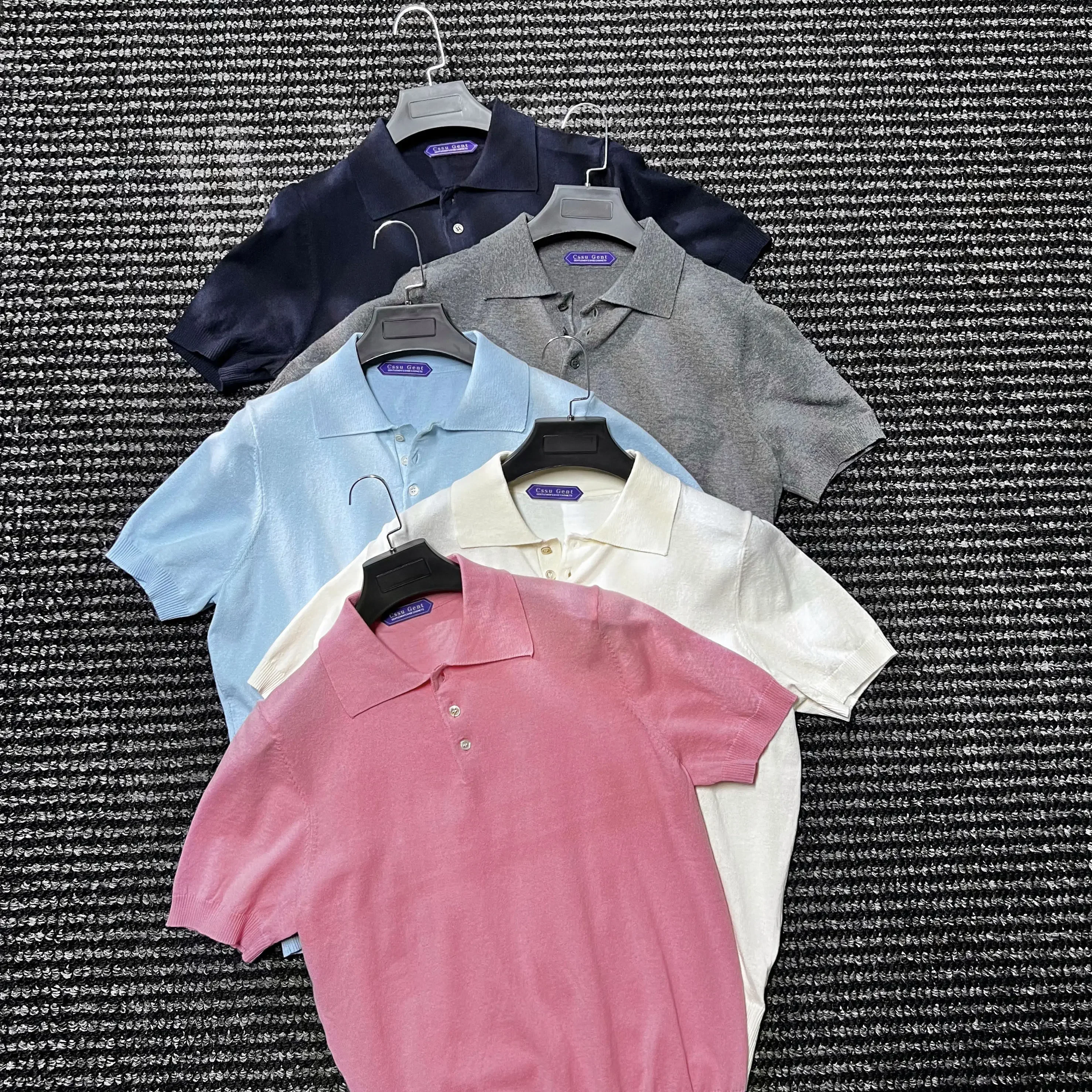 

Haute couture 14-pin cotton and linen knitted short-sleeved polo shirt men's casual short-sleeved T-shirt
