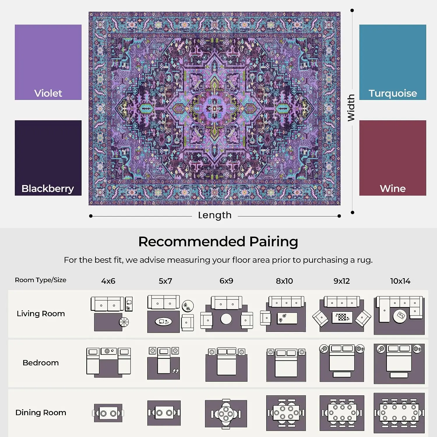 Large 6x9 Boho Oriental Distressed Medallion Area Rug Purple Turquoise Washable Low Pile Carpet for Open Layout Home Decor
