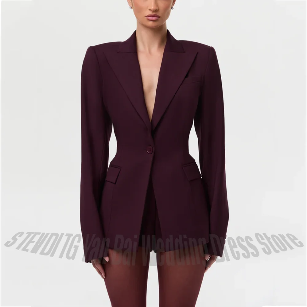 

Burgundy Peaked Lapel Single Button Blazer Women Short Suit Slim Fit Formal Office Casual Party Streetwear Outerwear Custom