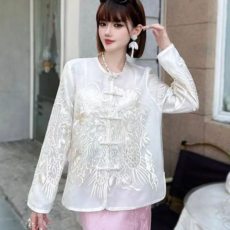 

High-end Spring Summer Silk Organza Top Chinese Tang Attire Retro Embroidery Elegant Lady Blouse Sunscreen Clothing Female S-XXL