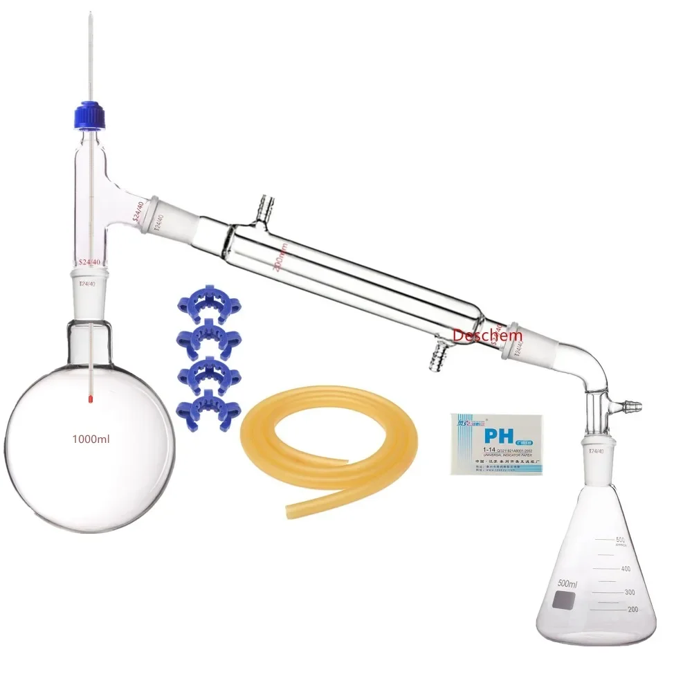 Aparato de vacío de destilación de vidrio 24/40 de 1000ml con kit de química de laboratorio de matraz Erlenmeyer de 500ml