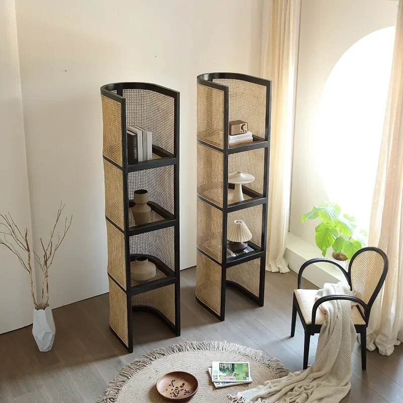 Rattan Shelf Household Small Apartment Multi-layer Floor Bookshelf Wabi Sanfeng Homestay Corner Cabinet Solid Wood Display Stand