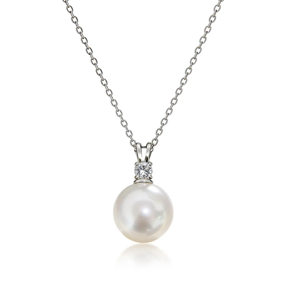 

925 Sterling Silver Pearl Pendant Necklace - Round Shell Pearl & Moissanite Women's Fashion Jewelry Gift
