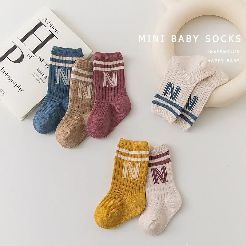 Boys Girls Korean Knit Soft Fashion Letter Knee High Long Socks Baby Casual White Stitch Floor Tube Stockings for Infant