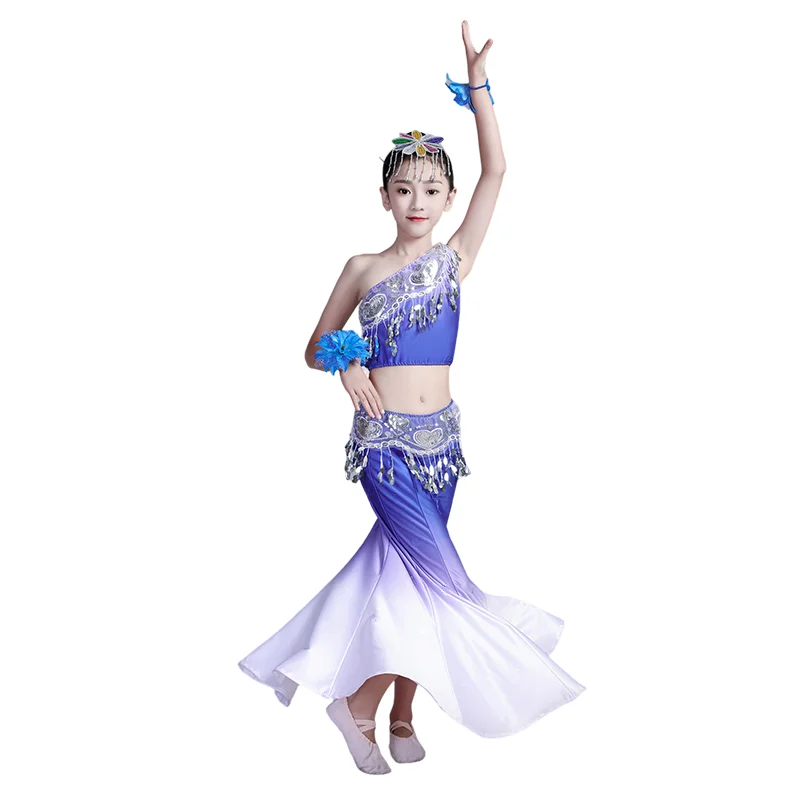 Children's Dai Dance Costume Elastic Peacock Dance Performance Costume Fishtail Skirt Minority Folk Dance Nationality Dress
