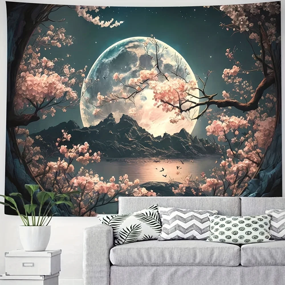 A Cherry Blossom Moon Tapestry, Starry Sky and Mountain View Wall Decoration, Bedroom, Living Room, Dormitory Decoration - Detail 1