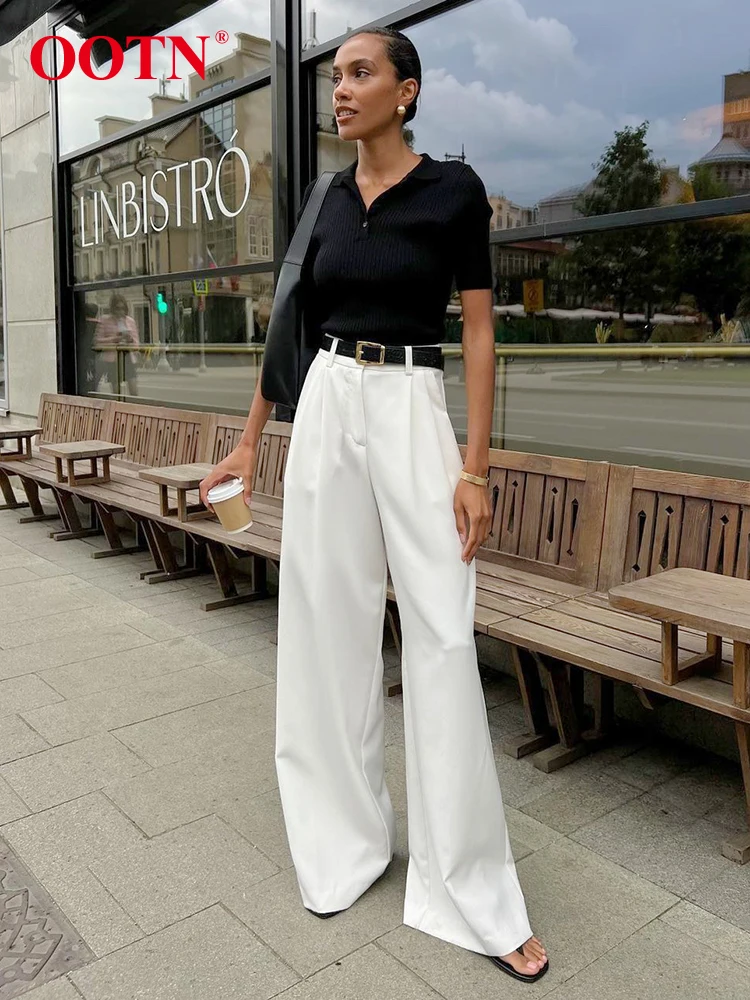 OOTN White Satin High Waist Pants Elegant Women Floor-Length Pleated Trousers Office Ladies Baggy Pants Summer Autumn Thin 2024