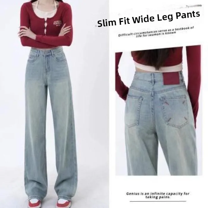 

Светло-голубые джинсы с вышивкой, прямые, с высокой талией, женские, повседневные, свободные, утягивающие, широкие брюки в корейском стиле, весна-осень