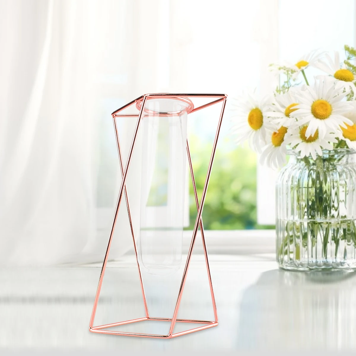 

1Pcs Iron Art Hydroponics Planter Geometric Glass Tube Vase Rose Gold Flower Planter Flower Tube for Home Wedding Celebration