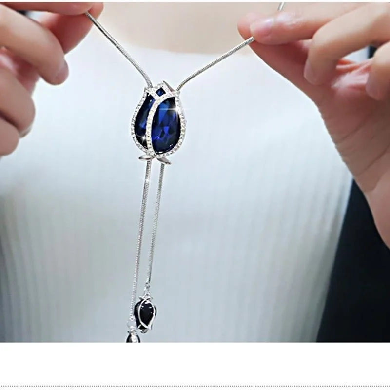 Korean Fashion Charm Blue Crystal Zircon Necklace for Women Bridal Wedding Crystal Pendant Necklace Jewelry Collares Para Mujer