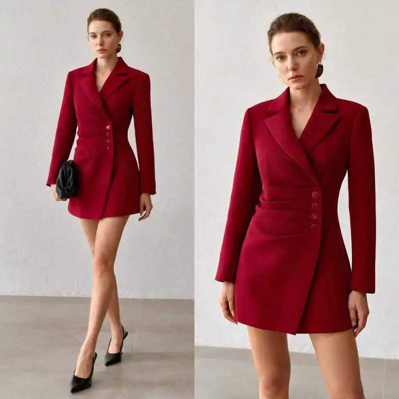 Women Blazer Dress Notched Lapel Long Sleeve Button Slim Waist Wrap Short Formal Outfit For Cocktail Party Banquet Customized