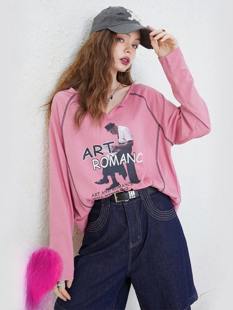 

Faionable Art Student V-Ne Printed T-irt Women's Long Sve Loose Top Slimming Casual Sle Polyester Cotton Blend