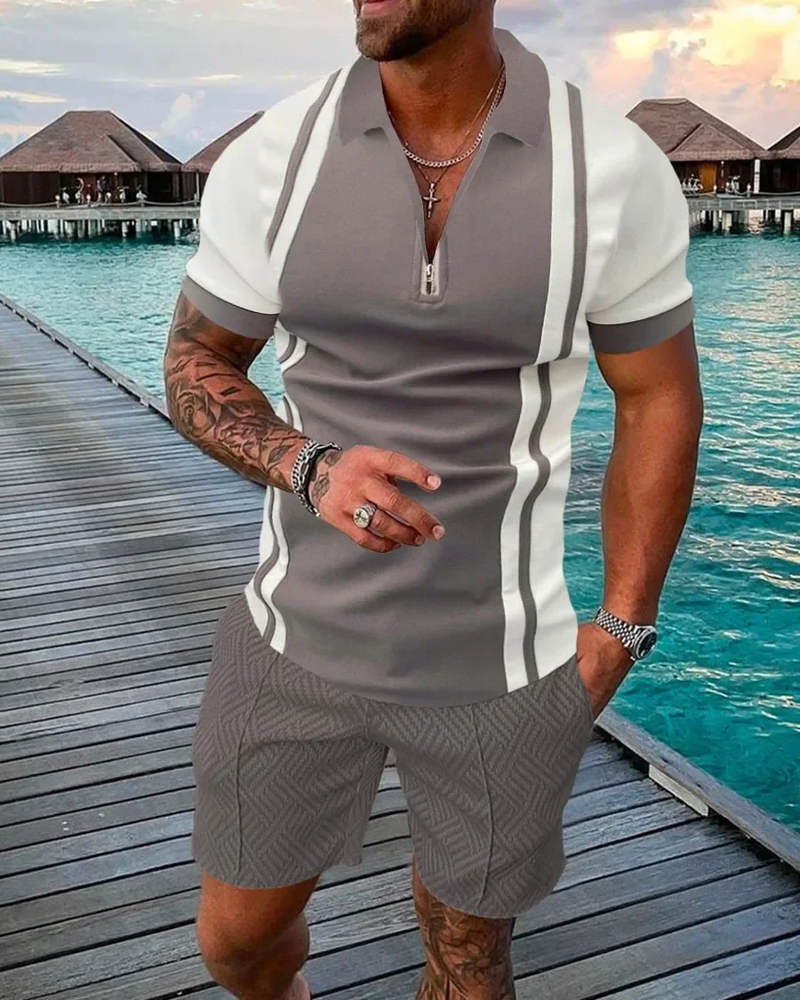 2023 Polo T Shirt for Men Summer Chic Plaid Stripe Golf Casual polo shirts Polo Shirts Collar Zipper Design Men Street Clothes image 2
