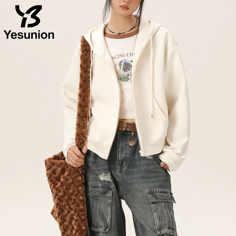 Yesunion عادية الثقيلة هود البلوز المرأة مقنعين زمم اقتصاص سترة Y2K قميص طويل الأكمام الإناث الخريف جواكت شتوية معطف