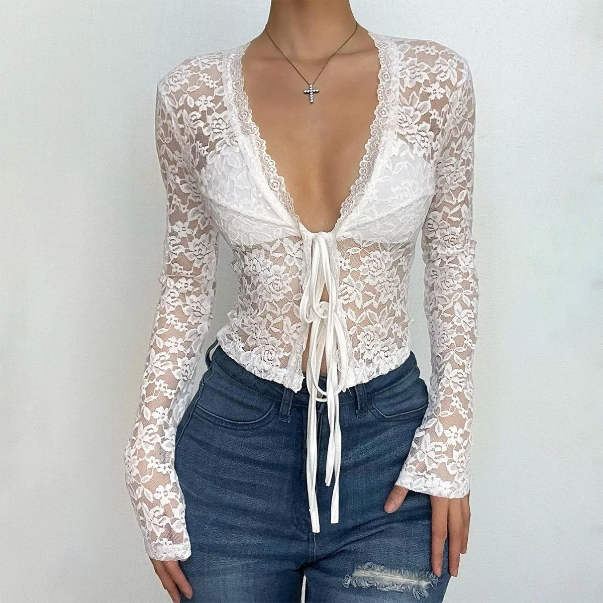 Women's Blusas Sexy Elegant Street Trendy Solid Color V-neck Tie Detail Lace Hollow Long Sleeve Skinny Cardigan Blouse Tops 2025