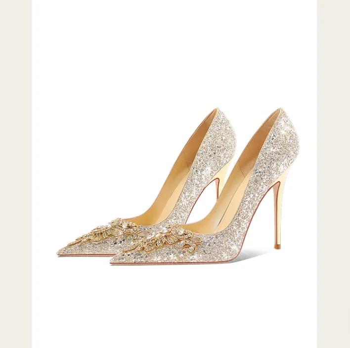 Ladies' Golden Crystal  High Heels Sexy Party Prom Girl Pumps Minimalist Shallow Mouth Work Single Shoes