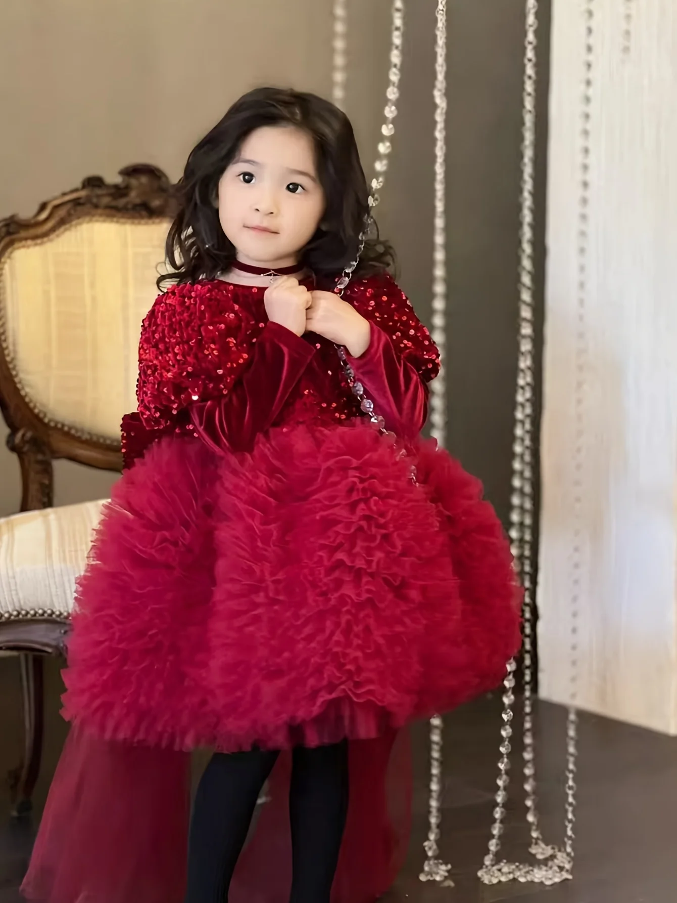 Vestiti di capodanno fiocco Fluffy Princess Dresses natale rosso paillettes Flower Girl Wear Party Dress Kids Girl