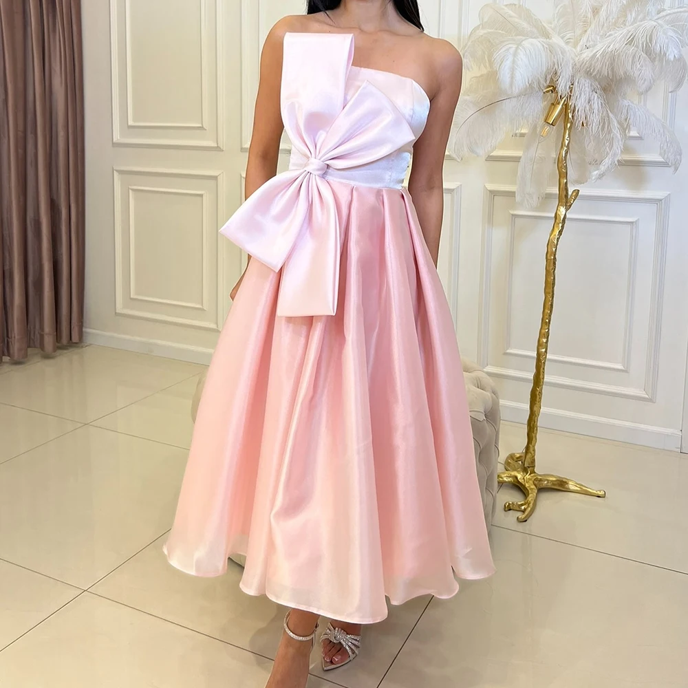 Customized Modern Tea Length Bow Pleats Strapless Evening Dresses Temperament A-Line Satin Pink Party Gowns vestidos de fiesta