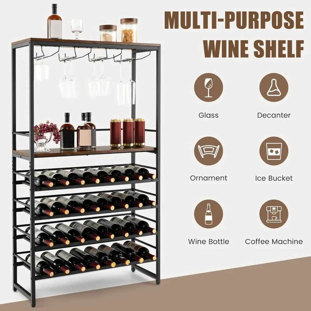 Multi-tier Wine Rack for 32 Bottles and 16 Glasses, Storage and Stemware Holder, Functional Wine Display Stand