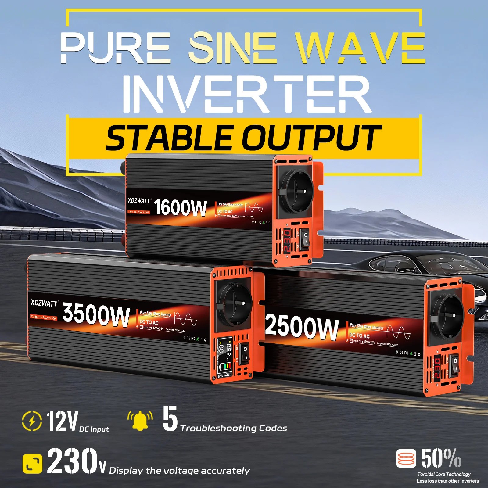 1600W/2500W/3500W Pure Sine Wave Inverter DC 12V to AC 220V 50HZ EU Socket LED Voltmeter Converter Transformer
