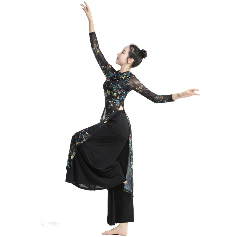 Women Classical Oriental Belly Dance Costumes Black Floral Robe + Wide Leg Pants Chinese Hanfu Cheongsam Performance Dancewear