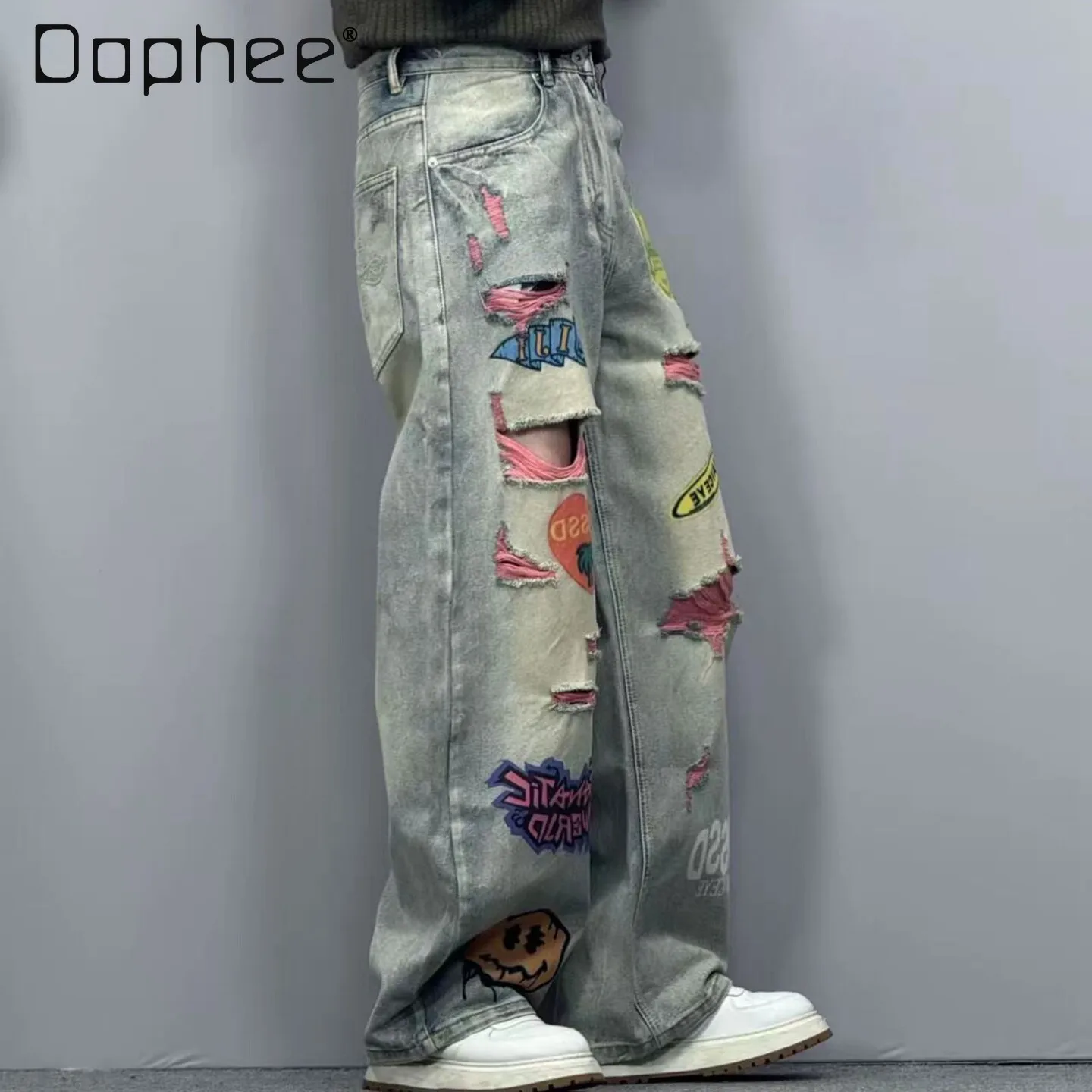 2026 Summer American HighStreet Men's Y2K Pants Pink Liner Ripped Graffiti Print Loose Wide Leg Floor Length Denim Jeans For Men