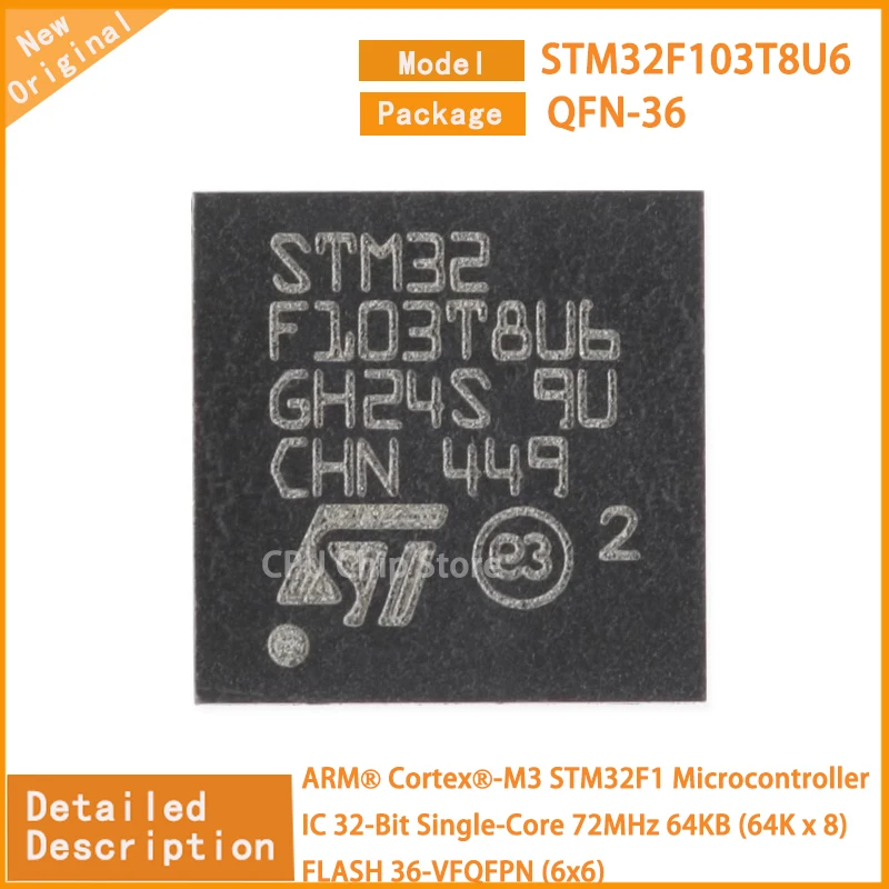 5Pcs/Lot  New Original  STM32F103T8U6 STM32F103   Microcontroller IC 32-Bit Single-Core 72MHz 64KB (64K x 8) FLASH 36-VFQFPN