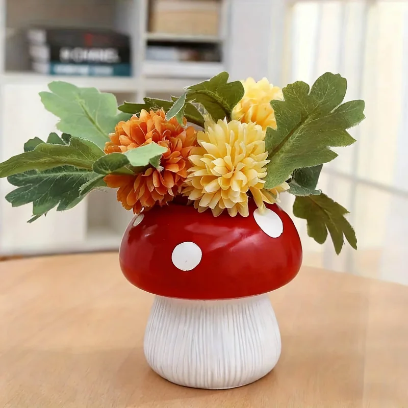 Creative Red and White Polka Dot Resin Mushroom Flower Pot for Succulents, Indoor Decorative Ornament, Hydroponic Dried Flower I