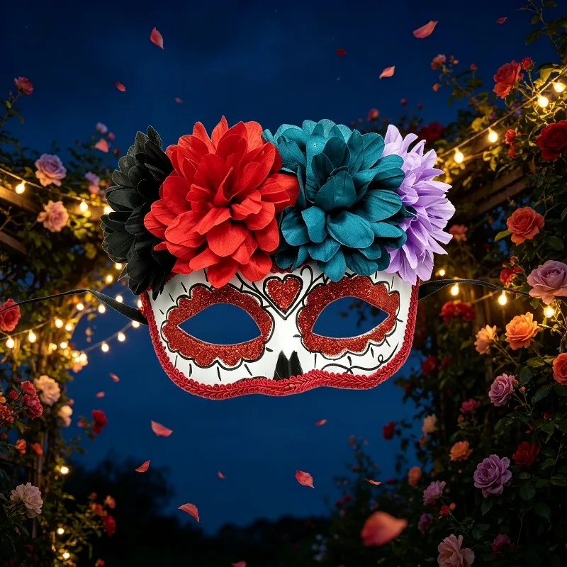 Day of The Dead Masquerade Mask with Flowers Ghost Halloween Cosplay Performance Carnival Party Mexican