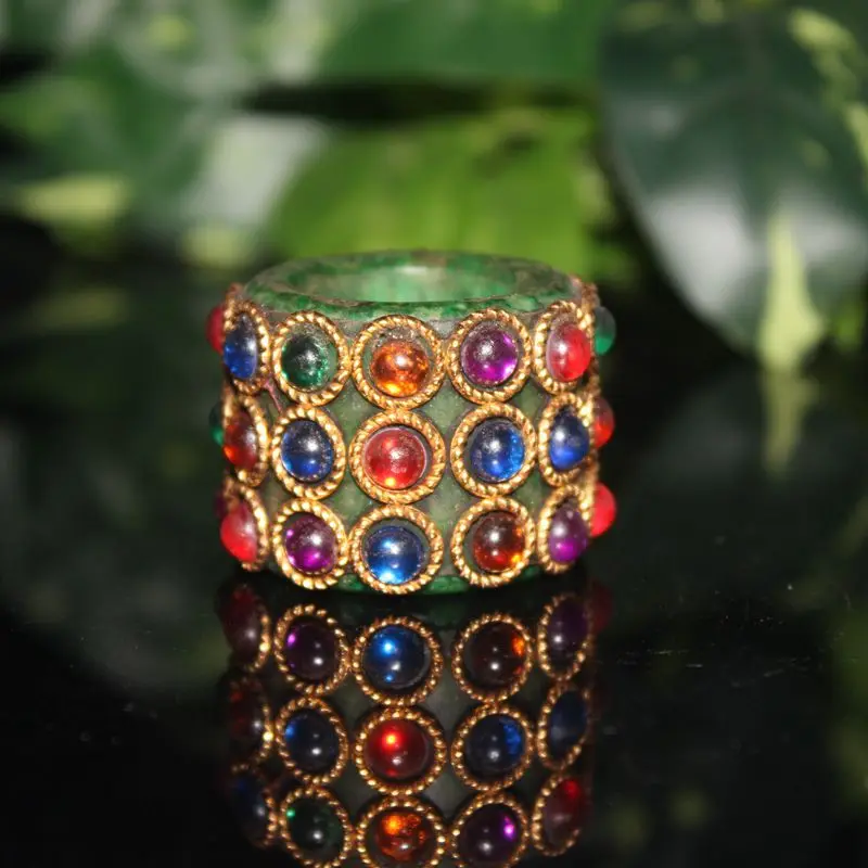 From Late Qing Dynasty Inlaid With Gemstones, Ancient , Old Green Jade Ring